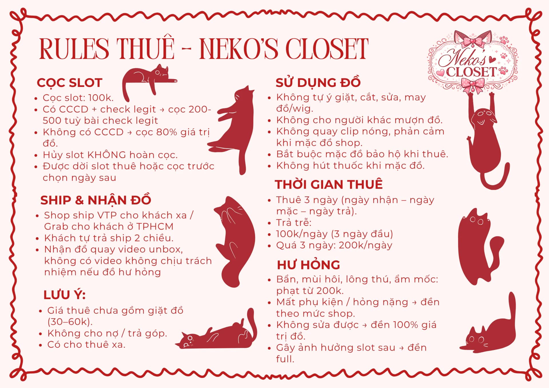 Rules dịu dàng của Neko's Closet — giữ đồ và cọc