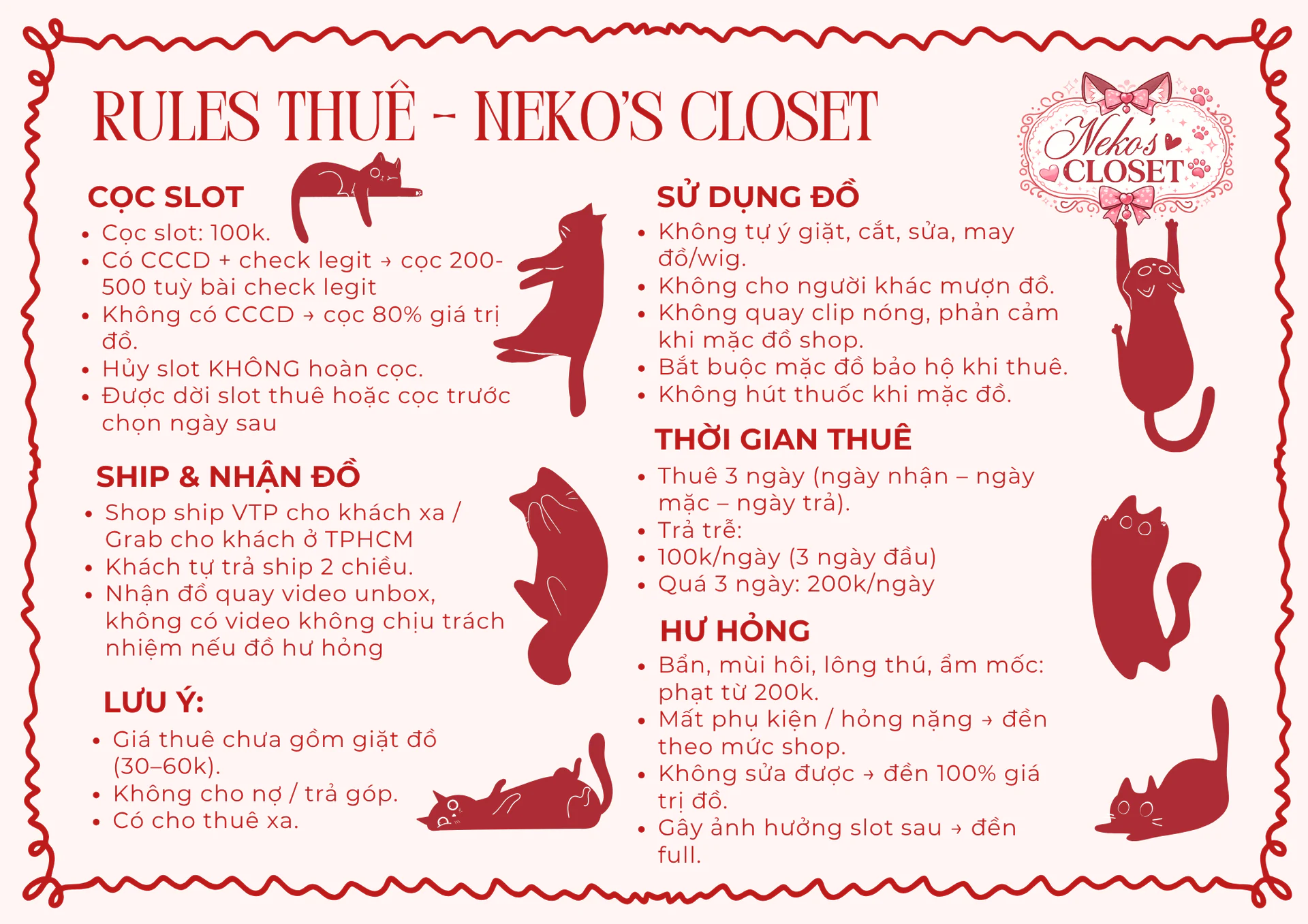 Gentle Neko's Closet rules — caring for the set and the deposit